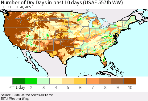 United States Number of Dry Days in past 10 days (USAF 557th WW) Thematic Map For 7/16/2022 - 7/20/2022