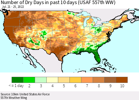 United States Number of Dry Days in past 10 days (USAF 557th WW) Thematic Map For 7/21/2022 - 7/25/2022