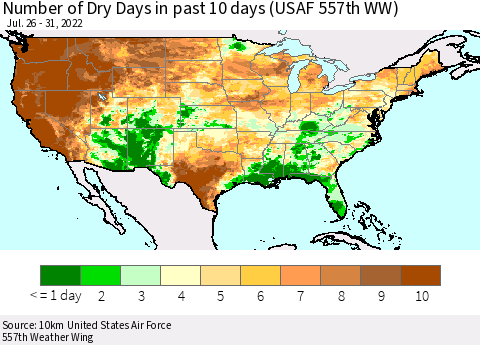 United States Number of Dry Days in past 10 days (USAF 557th WW) Thematic Map For 7/26/2022 - 7/31/2022