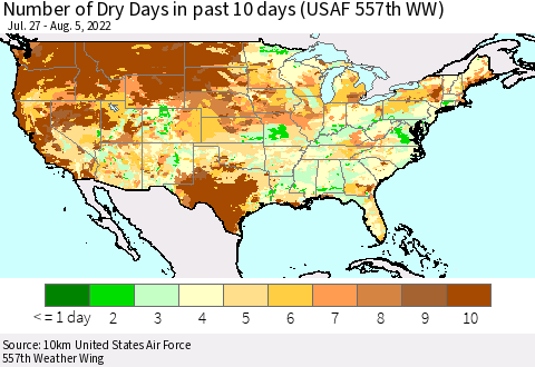 United States Number of Dry Days in past 10 days (USAF 557th WW) Thematic Map For 8/1/2022 - 8/5/2022