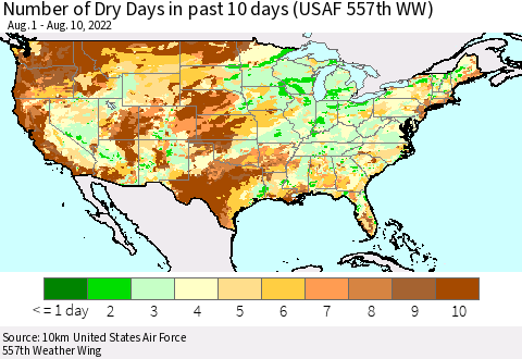 United States Number of Dry Days in past 10 days (USAF 557th WW) Thematic Map For 8/6/2022 - 8/10/2022