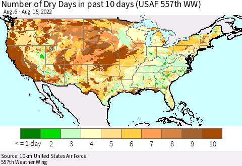 United States Number of Dry Days in past 10 days (USAF 557th WW) Thematic Map For 8/11/2022 - 8/15/2022
