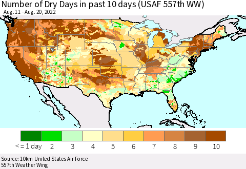 United States Number of Dry Days in past 10 days (USAF 557th WW) Thematic Map For 8/16/2022 - 8/20/2022