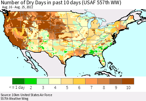 United States Number of Dry Days in past 10 days (USAF 557th WW) Thematic Map For 8/21/2022 - 8/25/2022