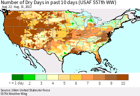 United States Number of Dry Days in past 10 days (USAF 557th WW) Thematic Map For 8/26/2022 - 8/31/2022