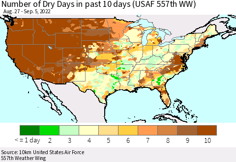 United States Number of Dry Days in past 10 days (USAF 557th WW) Thematic Map For 9/1/2022 - 9/5/2022
