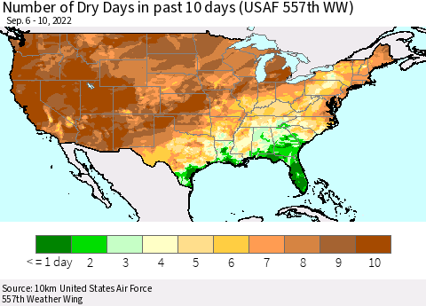United States Number of Dry Days in past 10 days (USAF 557th WW) Thematic Map For 9/6/2022 - 9/10/2022