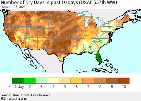 United States Number of Dry Days in past 10 days (USAF 557th WW) Thematic Map For 9/11/2022 - 9/15/2022