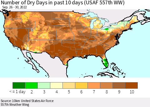United States Number of Dry Days in past 10 days (USAF 557th WW) Thematic Map For 9/26/2022 - 9/30/2022
