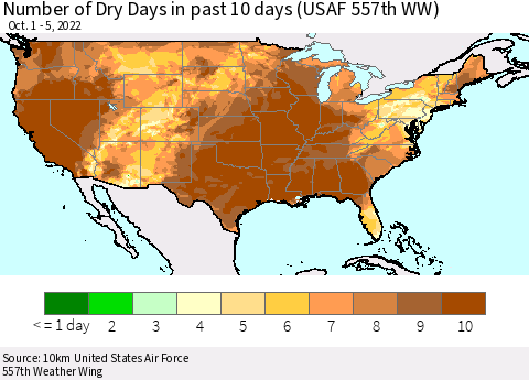 United States Number of Dry Days in past 10 days (USAF 557th WW) Thematic Map For 10/1/2022 - 10/5/2022