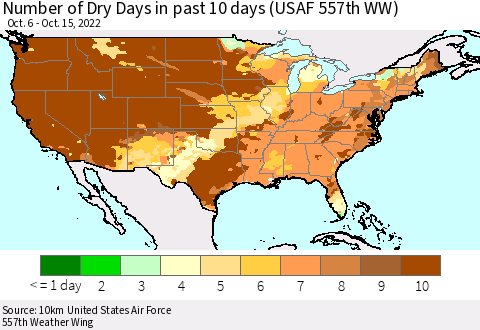 United States Number of Dry Days in past 10 days (USAF 557th WW) Thematic Map For 10/11/2022 - 10/15/2022