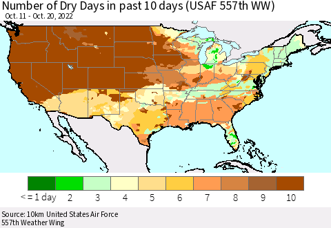 United States Number of Dry Days in past 10 days (USAF 557th WW) Thematic Map For 10/16/2022 - 10/20/2022