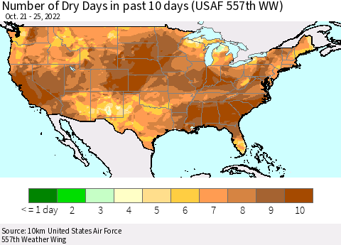 United States Number of Dry Days in past 10 days (USAF 557th WW) Thematic Map For 10/21/2022 - 10/25/2022