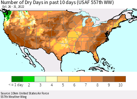 United States Number of Dry Days in past 10 days (USAF 557th WW) Thematic Map For 10/26/2022 - 10/31/2022