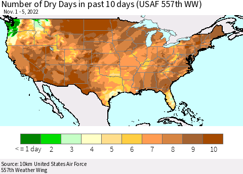 United States Number of Dry Days in past 10 days (USAF 557th WW) Thematic Map For 11/1/2022 - 11/5/2022