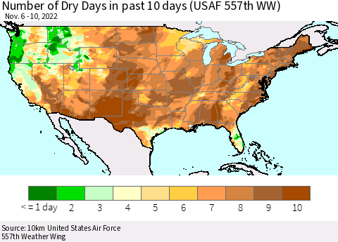 United States Number of Dry Days in past 10 days (USAF 557th WW) Thematic Map For 11/6/2022 - 11/10/2022
