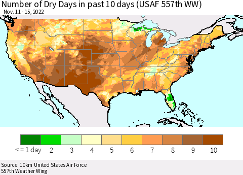 United States Number of Dry Days in past 10 days (USAF 557th WW) Thematic Map For 11/11/2022 - 11/15/2022