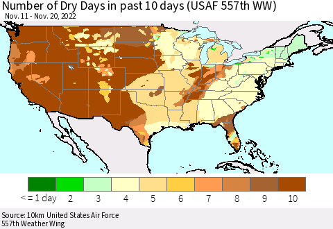 United States Number of Dry Days in past 10 days (USAF 557th WW) Thematic Map For 11/16/2022 - 11/20/2022