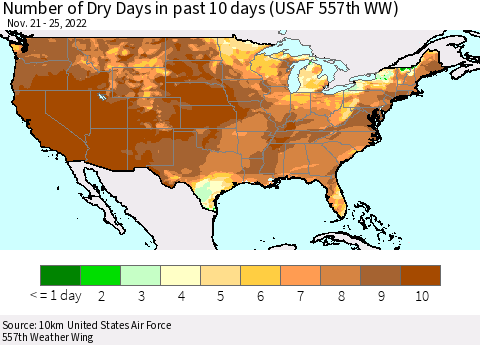 United States Number of Dry Days in past 10 days (USAF 557th WW) Thematic Map For 11/21/2022 - 11/25/2022