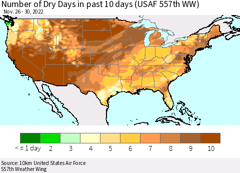 United States Number of Dry Days in past 10 days (USAF 557th WW) Thematic Map For 11/26/2022 - 11/30/2022