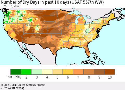 United States Number of Dry Days in past 10 days (USAF 557th WW) Thematic Map For 12/1/2022 - 12/5/2022