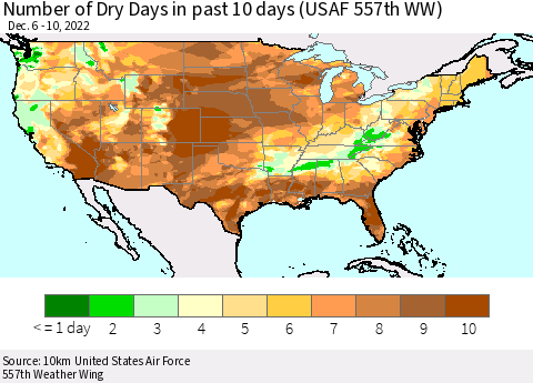 United States Number of Dry Days in past 10 days (USAF 557th WW) Thematic Map For 12/6/2022 - 12/10/2022