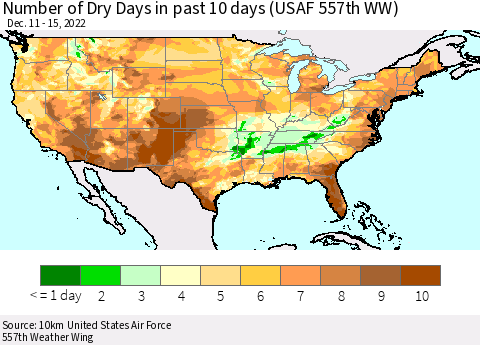 United States Number of Dry Days in past 10 days (USAF 557th WW) Thematic Map For 12/11/2022 - 12/15/2022