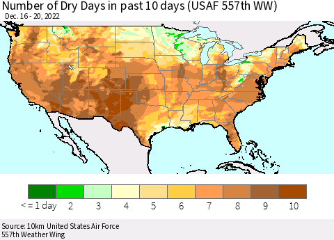 United States Number of Dry Days in past 10 days (USAF 557th WW) Thematic Map For 12/16/2022 - 12/20/2022