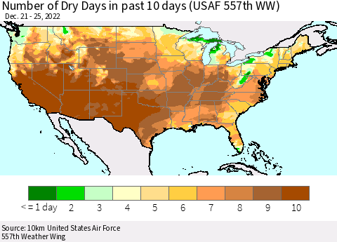 United States Number of Dry Days in past 10 days (USAF 557th WW) Thematic Map For 12/21/2022 - 12/25/2022
