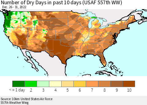 United States Number of Dry Days in past 10 days (USAF 557th WW) Thematic Map For 12/26/2022 - 12/31/2022