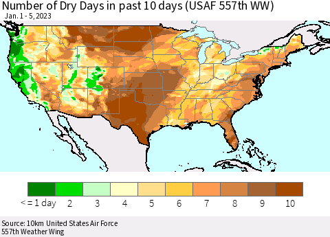 United States Number of Dry Days in past 10 days (USAF 557th WW) Thematic Map For 1/1/2023 - 1/5/2023