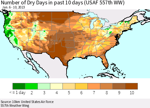 United States Number of Dry Days in past 10 days (USAF 557th WW) Thematic Map For 1/6/2023 - 1/10/2023