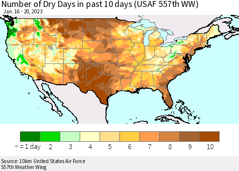 United States Number of Dry Days in past 10 days (USAF 557th WW) Thematic Map For 1/16/2023 - 1/20/2023