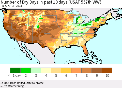 United States Number of Dry Days in past 10 days (USAF 557th WW) Thematic Map For 1/26/2023 - 1/31/2023
