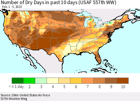 United States Number of Dry Days in past 10 days (USAF 557th WW) Thematic Map For 2/1/2023 - 2/5/2023