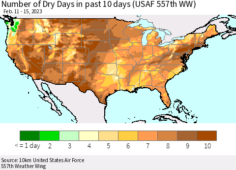 United States Number of Dry Days in past 10 days (USAF 557th WW) Thematic Map For 2/11/2023 - 2/15/2023