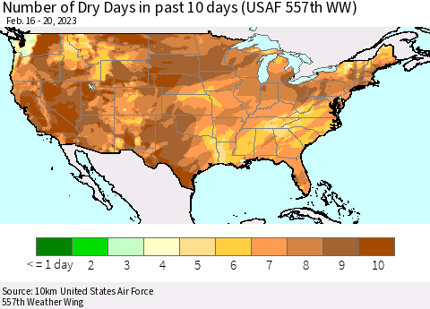 United States Number of Dry Days in past 10 days (USAF 557th WW) Thematic Map For 2/16/2023 - 2/20/2023