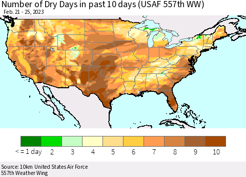 United States Number of Dry Days in past 10 days (USAF 557th WW) Thematic Map For 2/21/2023 - 2/25/2023
