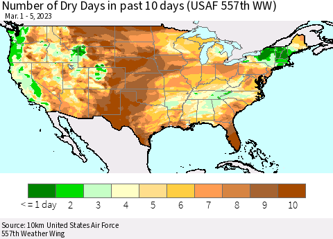 United States Number of Dry Days in past 10 days (USAF 557th WW) Thematic Map For 3/1/2023 - 3/5/2023