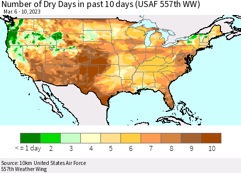 United States Number of Dry Days in past 10 days (USAF 557th WW) Thematic Map For 3/6/2023 - 3/10/2023