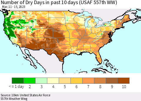 United States Number of Dry Days in past 10 days (USAF 557th WW) Thematic Map For 3/11/2023 - 3/15/2023