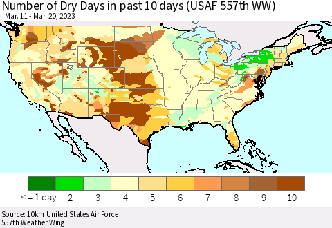 United States Number of Dry Days in past 10 days (USAF 557th WW) Thematic Map For 3/16/2023 - 3/20/2023
