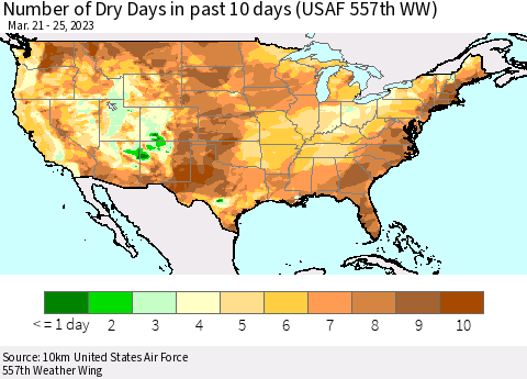 United States Number of Dry Days in past 10 days (USAF 557th WW) Thematic Map For 3/21/2023 - 3/25/2023