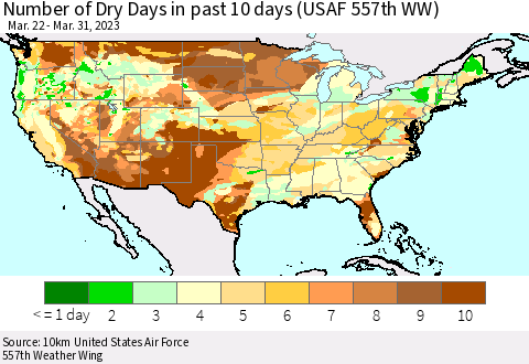 United States Number of Dry Days in past 10 days (USAF 557th WW) Thematic Map For 3/26/2023 - 3/31/2023