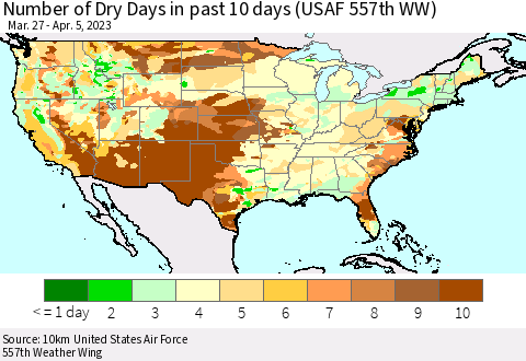United States Number of Dry Days in past 10 days (USAF 557th WW) Thematic Map For 4/1/2023 - 4/5/2023