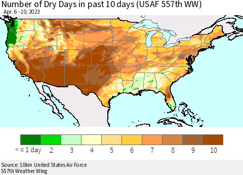 United States Number of Dry Days in past 10 days (USAF 557th WW) Thematic Map For 4/6/2023 - 4/10/2023