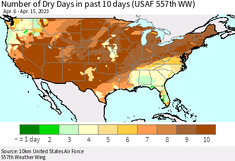 United States Number of Dry Days in past 10 days (USAF 557th WW) Thematic Map For 4/11/2023 - 4/15/2023
