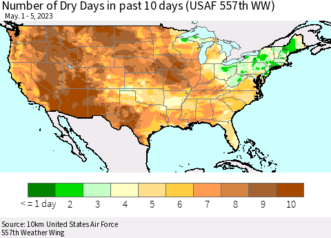 United States Number of Dry Days in past 10 days (USAF 557th WW) Thematic Map For 5/1/2023 - 5/5/2023