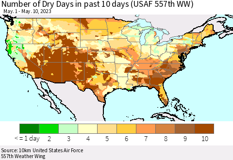 United States Number of Dry Days in past 10 days (USAF 557th WW) Thematic Map For 5/6/2023 - 5/10/2023