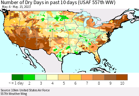 United States Number of Dry Days in past 10 days (USAF 557th WW) Thematic Map For 5/11/2023 - 5/15/2023